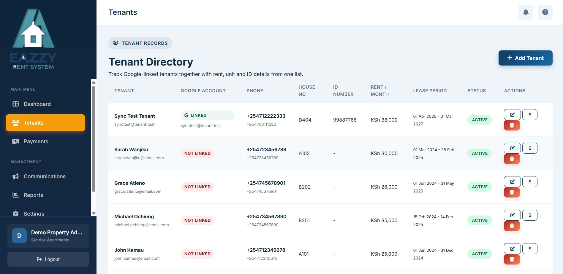 Eazzy Rent tenant directory listing tenant details, house numbers, rent per month, and lease periods